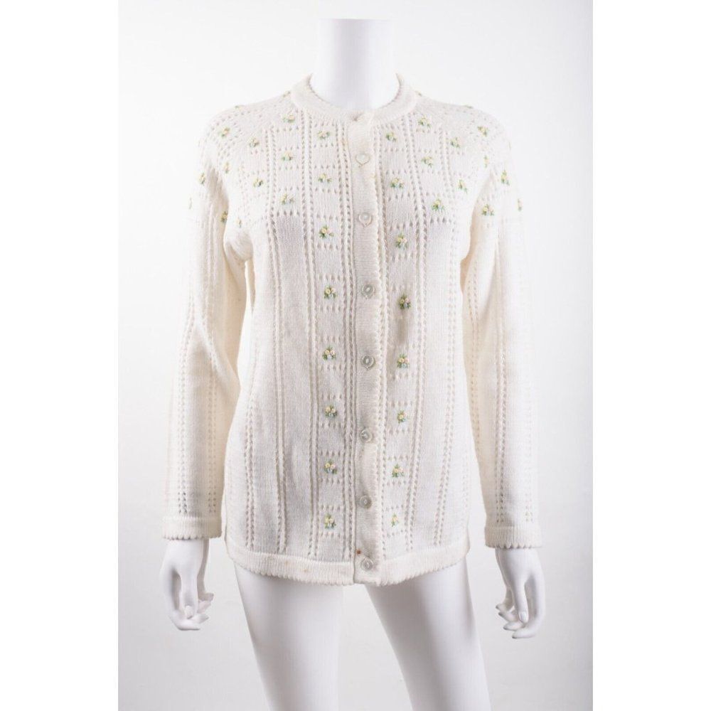 Vintage Banff Sweater Bee Womans Cardigan Sweater Sz S White Flowers embroidery